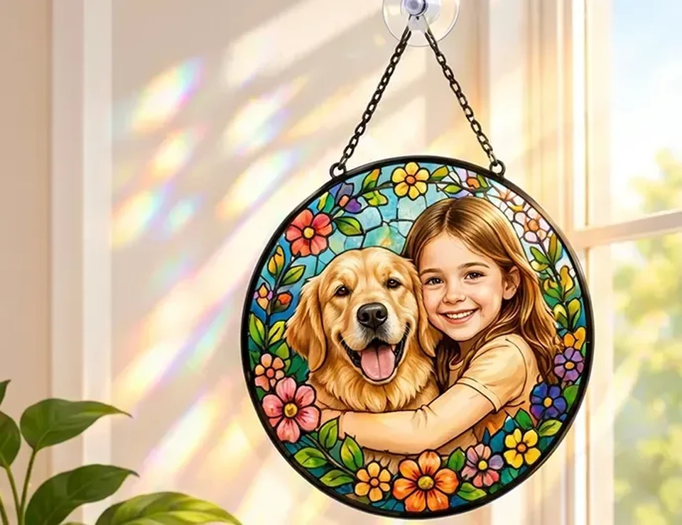 Sunlight shining through a custom Holly Heirlooms stained glass suncatcher in a kitchen window