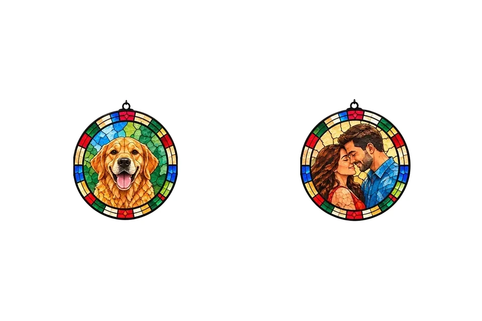 Holly Heirlooms custom pet and couple stained glass suncatchers displayed side by side